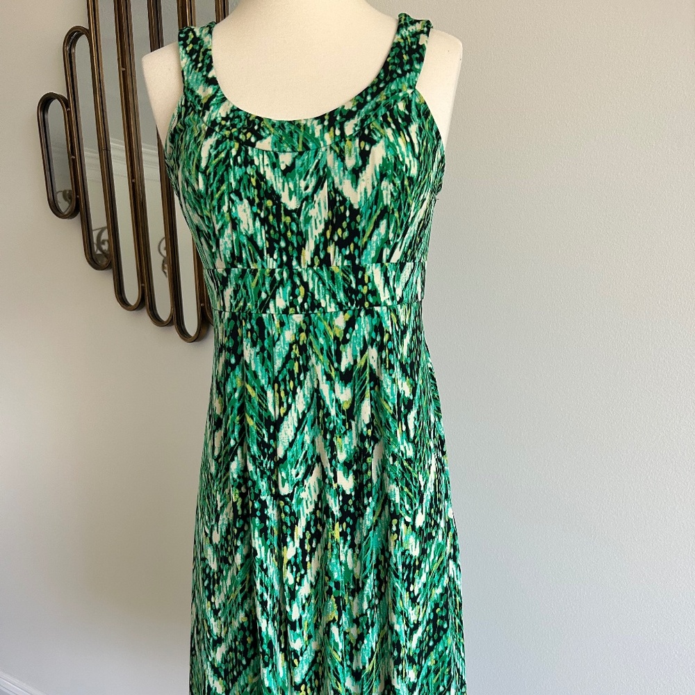 dBY SUNDRESS DRESS GREEN YELLOW BLACK SLEEVELESS EMPIRE WAIST SZ 6 WORN ONCE